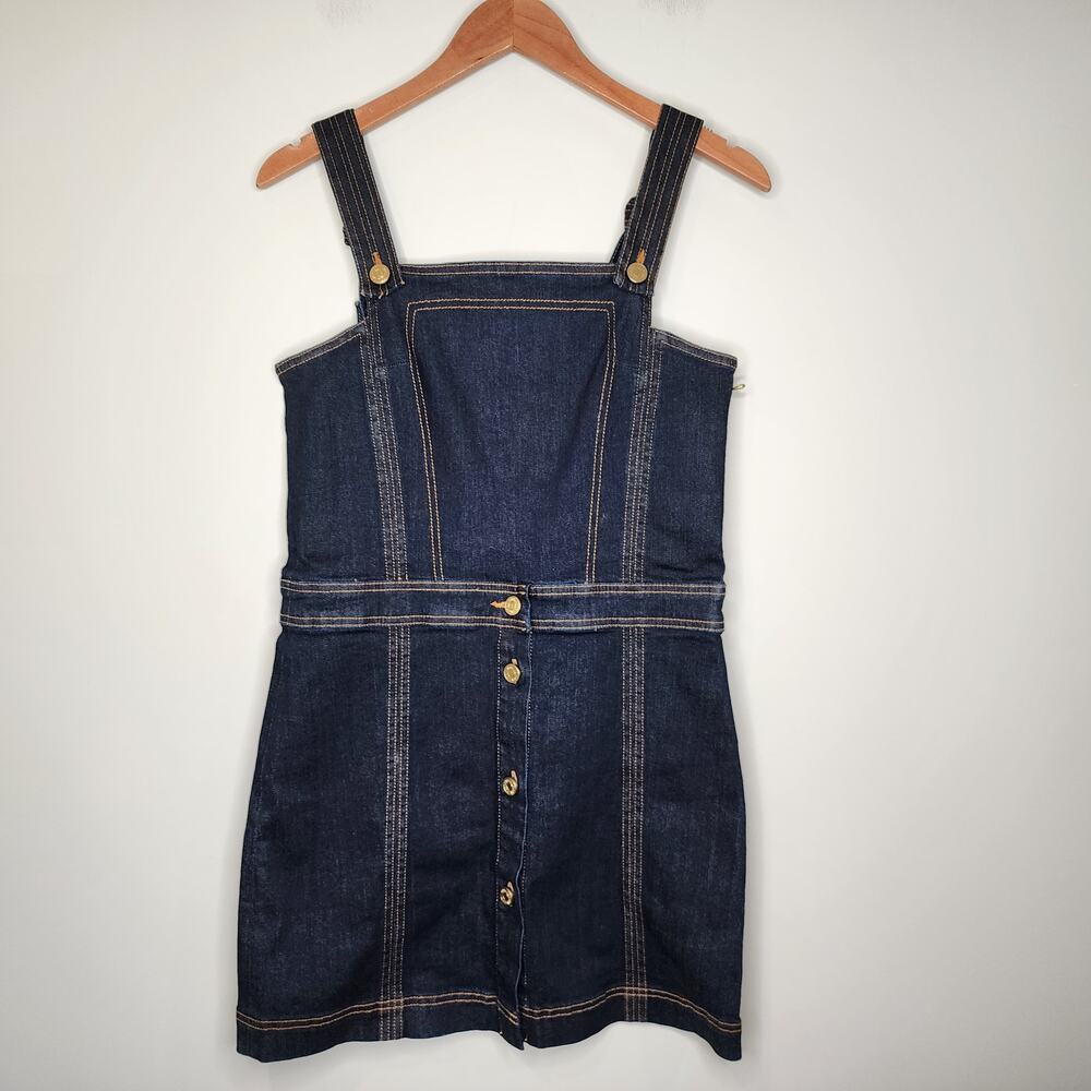 7 For All Mankind Pinafore Denim Mini Dress Women's Small Dark Wash Bib‎ Overall - Picture 2 of 8